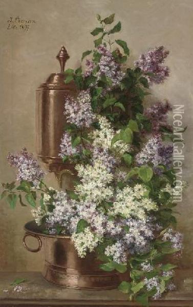 Lilacs In Bloom In A Copper Bowl Oil Painting - Julie Crouan