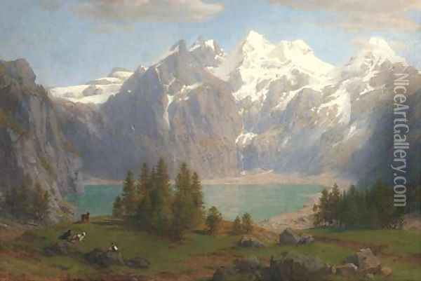 A herdsman grazing his cattle before a mountain lake Oil Painting - Johann Jakob Vollweider