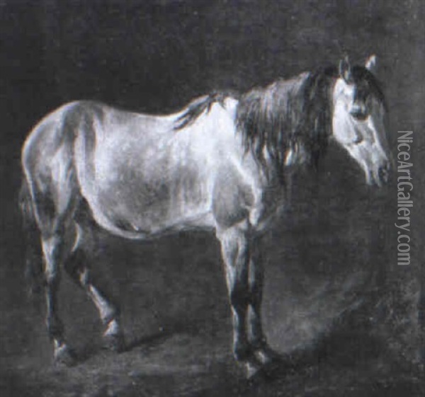 Braunes Pferd, Vor Dem Stall Auf Der Wiese Stehend Oil Painting - Ludwig Hartmann