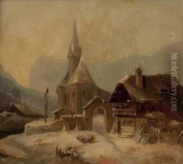 Winterliches Dorf Mit Kirche In Derramsau Oil Painting - Monogrammist Pl Or Dl