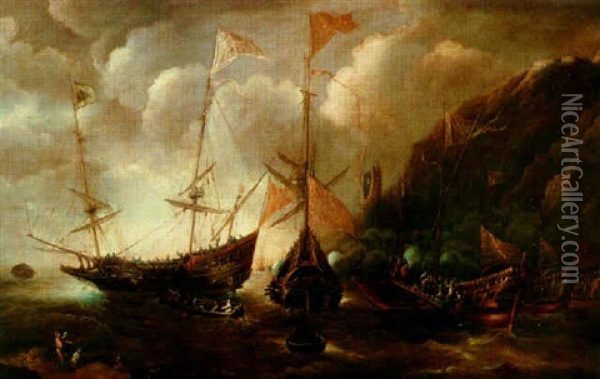 Bataille Navale Entre Galeres Et Vaisseaux De Guerre Oil Painting - Andries Van Eertvelt