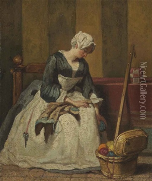 The Embroiderer Oil Painting - Jean-Baptiste-Simeon Chardin