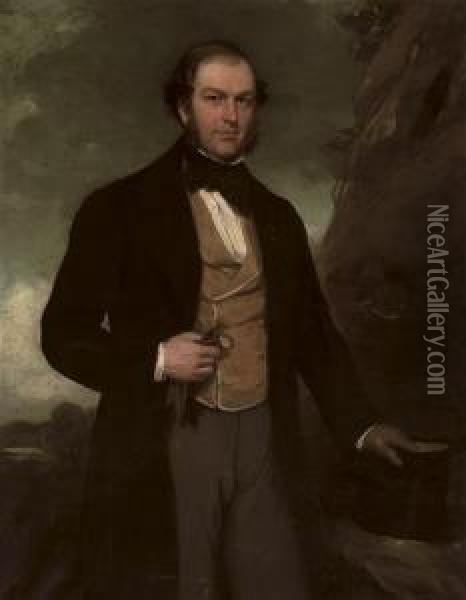 Portrait Of James Beech, 
Three-quarter-length, In A Black Coat And Tan Waistcoat, Gloves In His 
Right Hand And A Top Hat In His Left Oil Painting - Sir Francis Grant