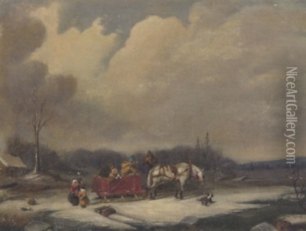 Habitant Family With Horse And Sleigh Oil Painting - Cornelius David Krieghoff