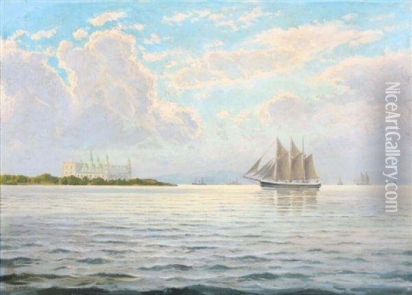 A Sailship In The Sun Of The Coast Near Kronborg Castle Oil Painting - Emanuel A. Petersen