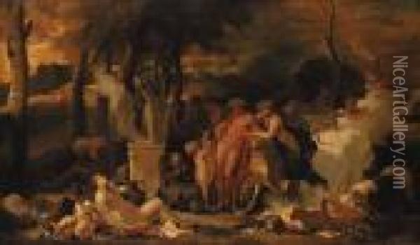 Bacchus And Ariadne With Bacchantes By An Altar In Alandscape Oil Painting - Sebastian Bourdon