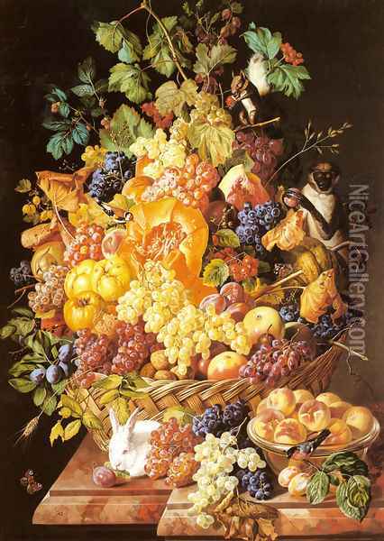 A Basket of Fruit with Animals Oil Painting - Leopold Zinnogger