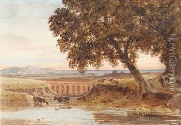 Landscape With Viaduct And Cattle Oil Painting - George Jnr Barrett
