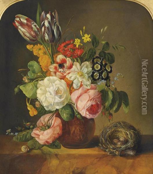 Roses, Tulips, Forget-me-nots, Nasturtiums, Jasmine, Anenomes Oil Painting - Franz Xaver Petter