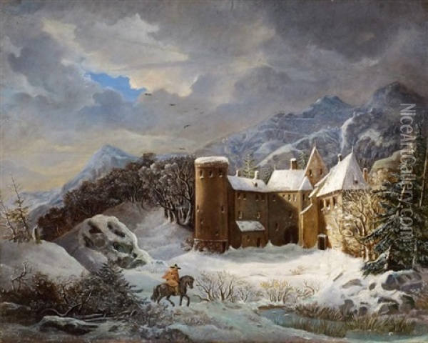 Reiter In Tief Verschneiter Landschaft. Im Hintergrund Eine Burganlage Oil Painting - Franz Trautmann