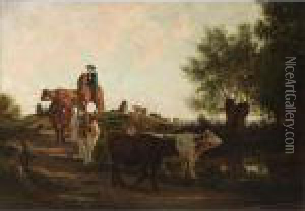 A Herd Of Cows And Their Drover In A Landscape Oil Painting - Jan Martinus Vrolijk