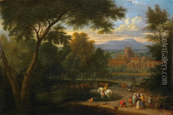 Italianisierende Landschaft Mit Reisenden Und Reiter Oil Painting - Adriaen Frans Boudewyns the Elder