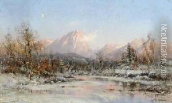 A View Of A Lake With Mountains, Late Winter Oil Painting - Frithjof Smith-Hald