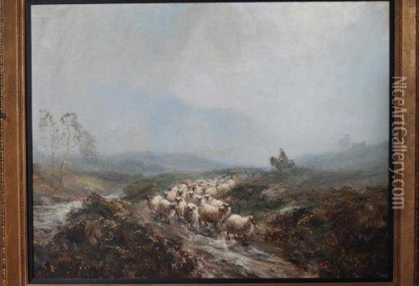 A Shepherd Mounted On A Horse Driving His Flock Along A Misty Moorland Track Oil Painting - John Falconar Slater