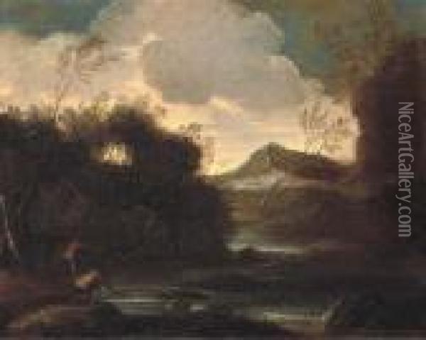 A Wooded River Landscape With Fishermen, Mountains Beyond Oil Painting - Salvator Rosa