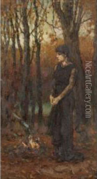 Girl In An Autumn Woodland Oil Painting - George Henry Boughton