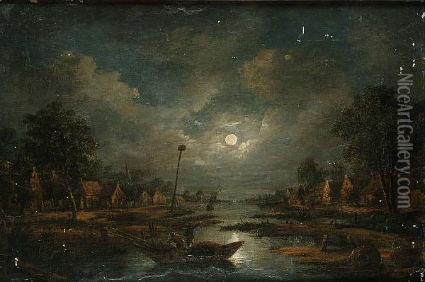 A Moonlit River Landscape With Fishermen In A Boat, A Village Beyond Oil Painting - Aert van der Neer