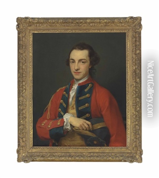 Portrait Of George Craster (1734-1772), Half-length, In The Gold-frogged, Red And Blue Uniform Of The Horse Grenadier Guards, Holding A Tricorn Oil Painting - Pompeo Girolamo Batoni