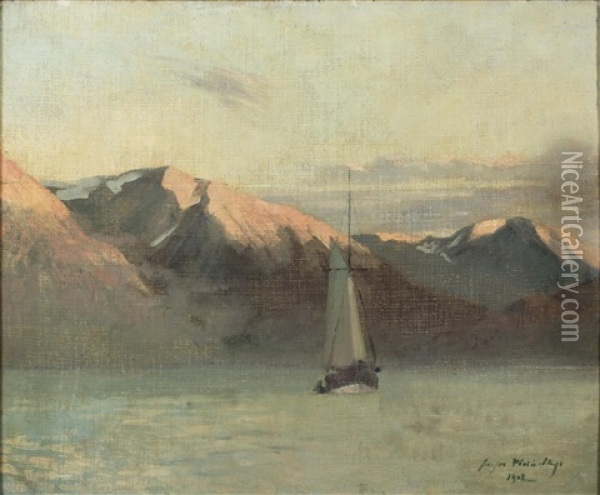 Voilier Sur Un Lac De Montagne Oil Painting - Georges-Victor Hugo