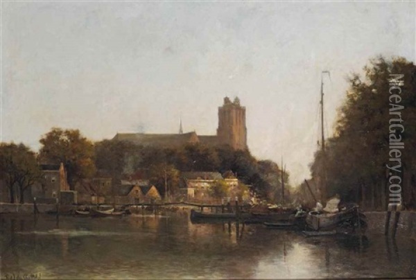 The Nieuwe Haven With The Grote Kerk, Dordrecht Oil Painting - Fredericus Jacobus Van Rossum Du Chattel