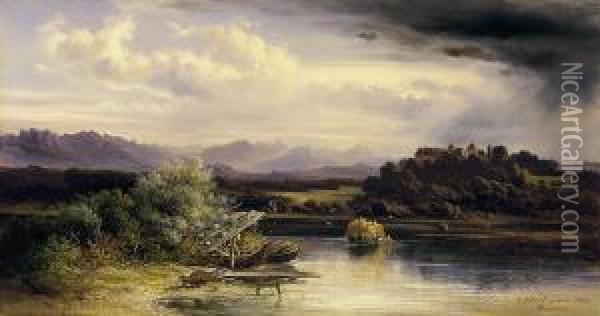 Riverside Landscape With A Castle Oil Painting - Carl Ebert