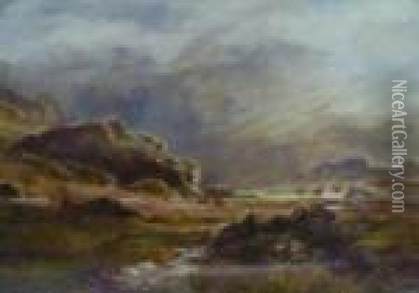 Stags In A Highland Landscape Oil Painting - Louis Bosworth Hurt