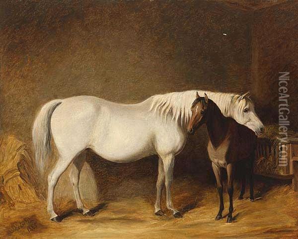 Mare And Foal In A Stable Oil Painting - James Loder