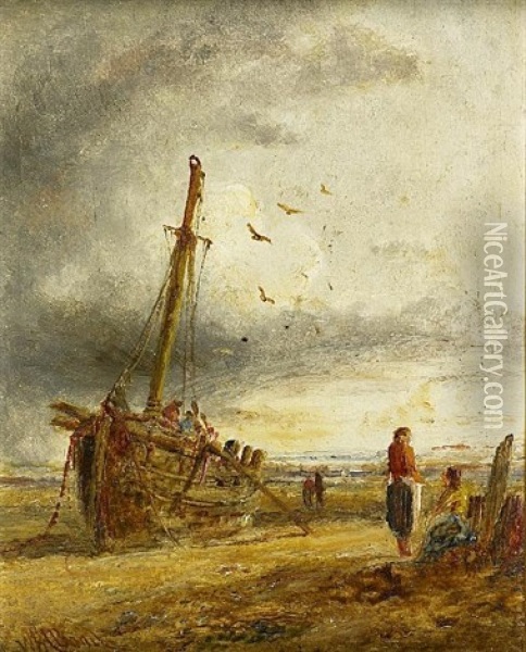 Fisherfolk By A Beached Boat Oil Painting - William Joseph J. C. Bond