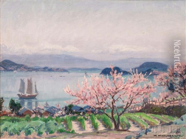 Shoreline With Cherry Blossoms Oil Painting - Hachiro Nakagawa