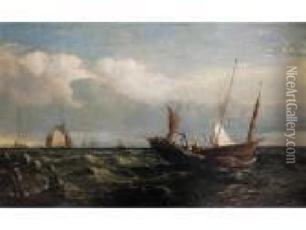 French Fishing Boat With Other Vessels In Coastal Waters Oil Painting - Arthur Joseph Meadows