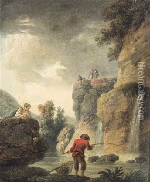A River Landscape With An Angler On A Shore By A Waterfall Oil Painting - Hubert Robert