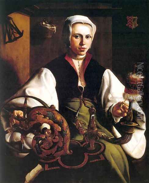 Portrait of a Lady Spinning Oil Painting - Maerten van Heemskerck