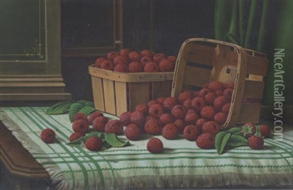 Baskets Of Raspberries On A Tabletop Oil Painting - Levi Wells Prentice