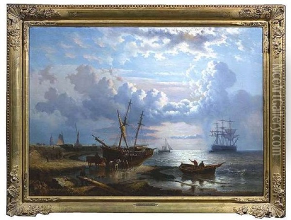 Kustenlandschaft Im Licht Der Fruhen Morgensonne Mit Auslaufenden Segelbooten Oil Painting - George Willem Opdenhoff