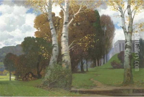 Park With Birches And A Temple Building Oil Painting - Eduard Ruedisuehli