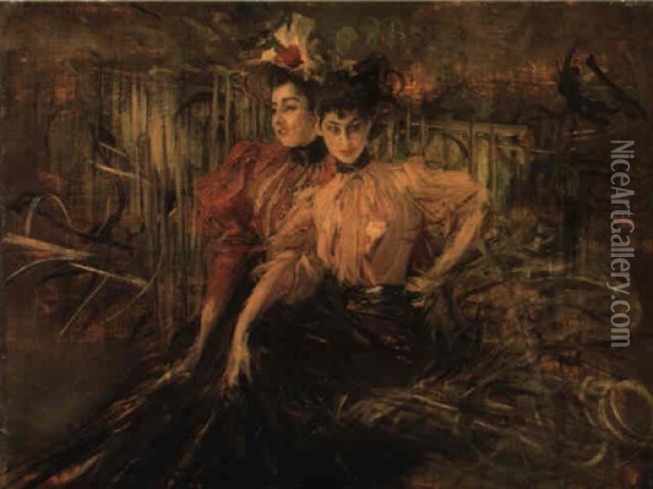 Two Young Girls Seated On A Bench Oil Painting - Giovanni Boldini