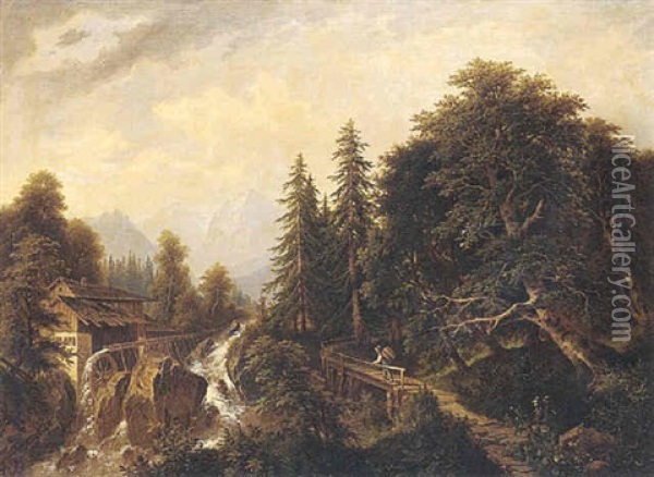 Gebirgige Landschaft Mit Muhle Und Sturzbach Oil Painting - Josef Burgaritzky