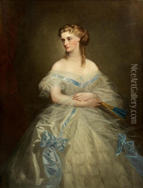 Portrait Of A Lady, Three Quarter Length, In White Chiffon Dress With Turquoise Trim, Holding A Fan In Her Left Hand, The Wife Of Sir Robert Caulfield Oil Painting - Franz Xaver Winterhalter
