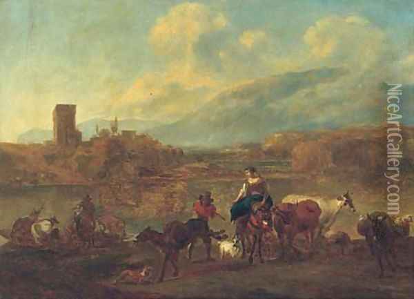 An Italianate landscape with cattle, drovers and travellers crossing a ford, a village beyond Oil Painting - Nicolaes Berchem
