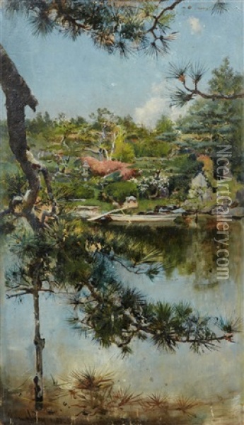 Bords De Riviere Aux Pins Japonais Oil Painting - Harry Humphrey Moore
