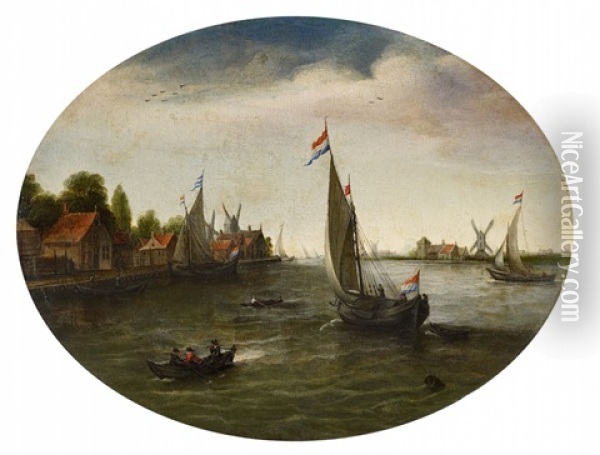 River Landscape With Sailing Boats Oil Painting - Justus Verwer