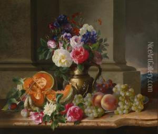 Rich Still Life With Flowers And Fruit Oil Painting - Adalbert, Bela Schaffer