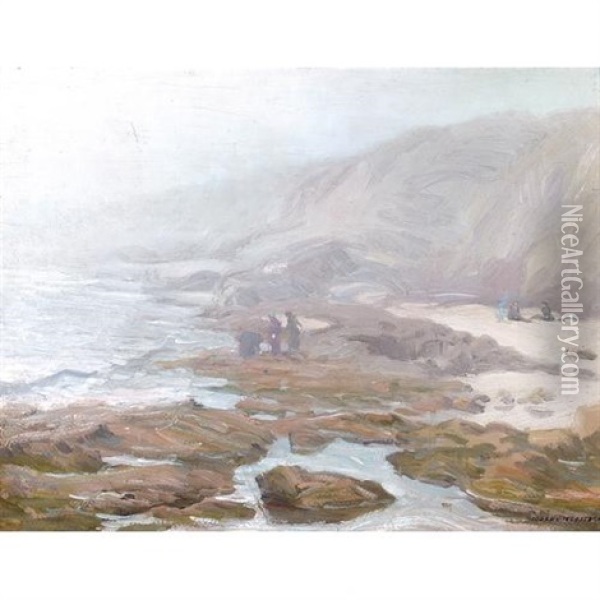 Figures Along A Coastal Beach With Tide Pools In The Foreground Oil Painting - Joseph Kleitsch