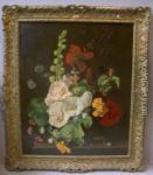 Description
Follower Of Jan Van Huysum Hollyhocks And Other Flowers With Snails On A Stone Ledge Oil Painting - Jan Van Huysum