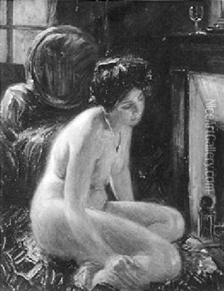 Nude By Fireplace Oil Painting - George Elbert Burr
