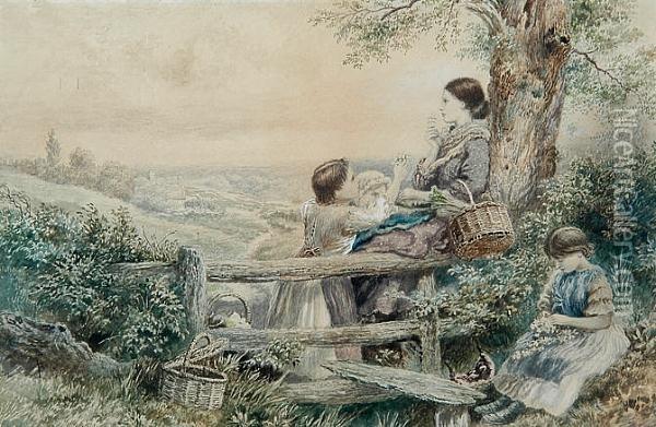 Girls By A Stile Oil Painting - Myles Birket Foster