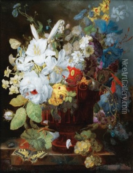 Nature Morte Au Bouquet De Fleurs Sur Un Entablement Oil Painting - Georges Frederic Ziesel