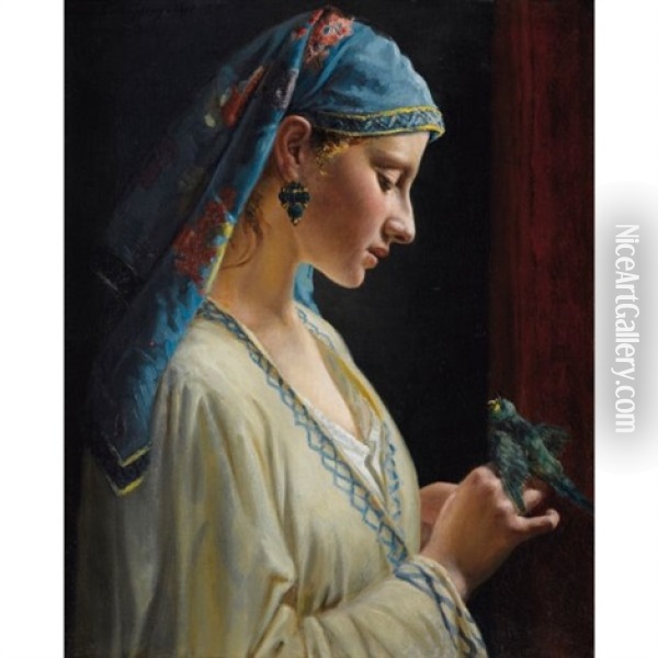 Jeune Femme A La Perruche Oil Painting - Frederic Pierre Tschaggeny