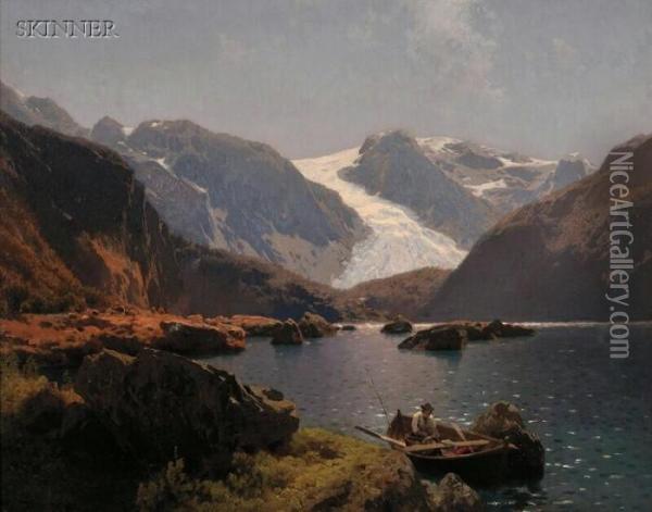 Fisherman On A Mountain Lake Oil Painting - Herman Herzog
