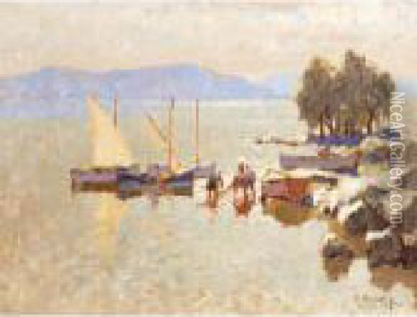 Sailing Boats On The Lake Oil Painting - Konstantin Ivanovich Gorbatov